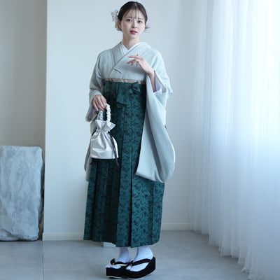 【レンタル】utatane 2尺袖 袴 17点セット 91cm 古典柄 レトロ アンティーク系 無地 水色系（1020716611）