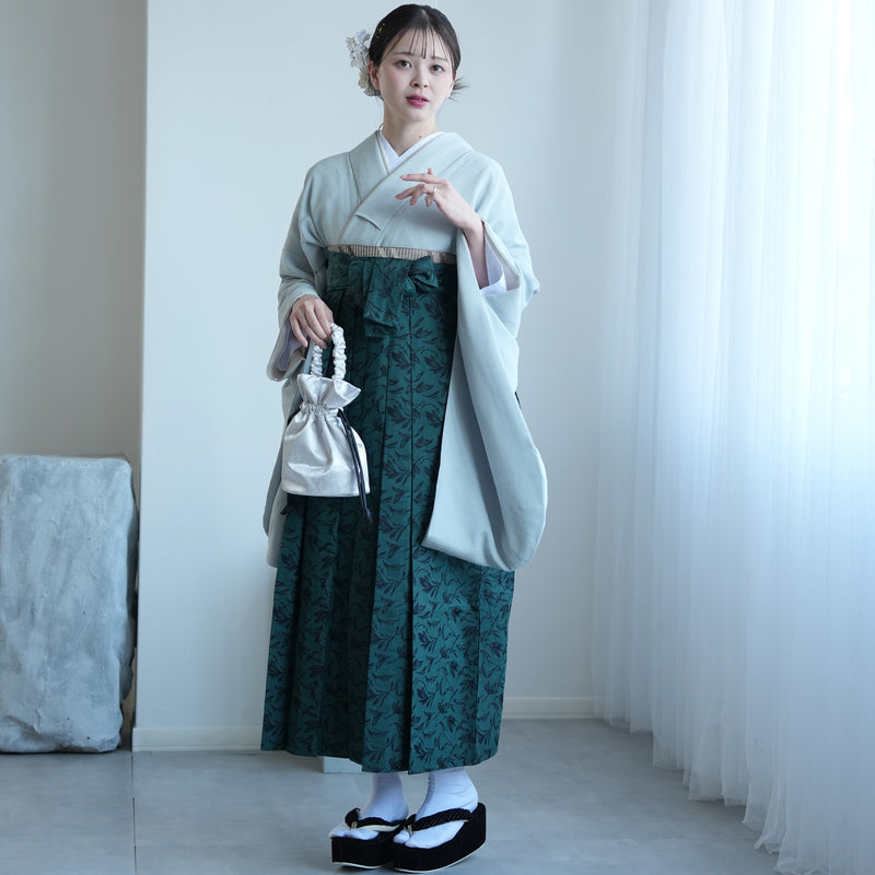 【レンタル】utatane 2尺袖 袴 17点セット 91cm 古典柄 レトロ アンティーク系 無地 水色系（1020716611）