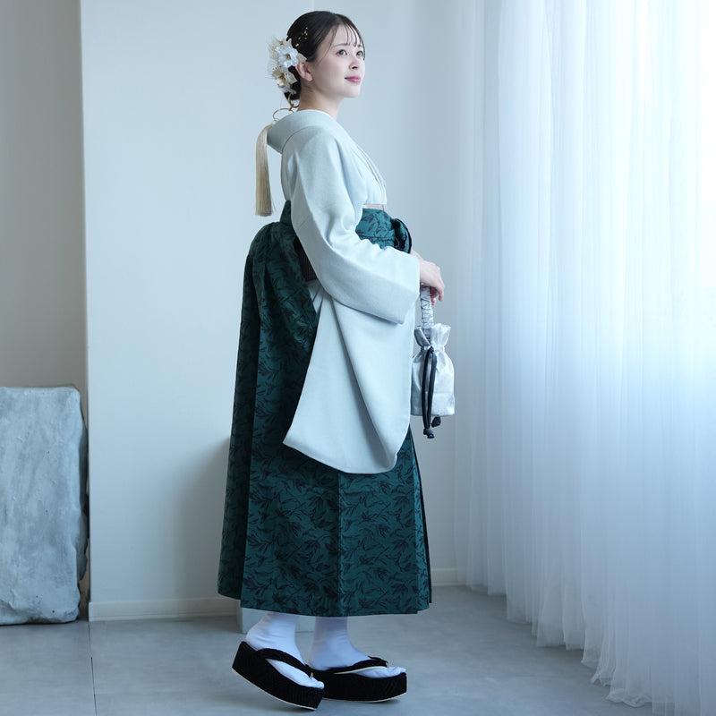 【レンタル】utatane 2尺袖 袴 17点セット 91cm 古典柄 レトロ アンティーク系 無地 水色系（1020716611）