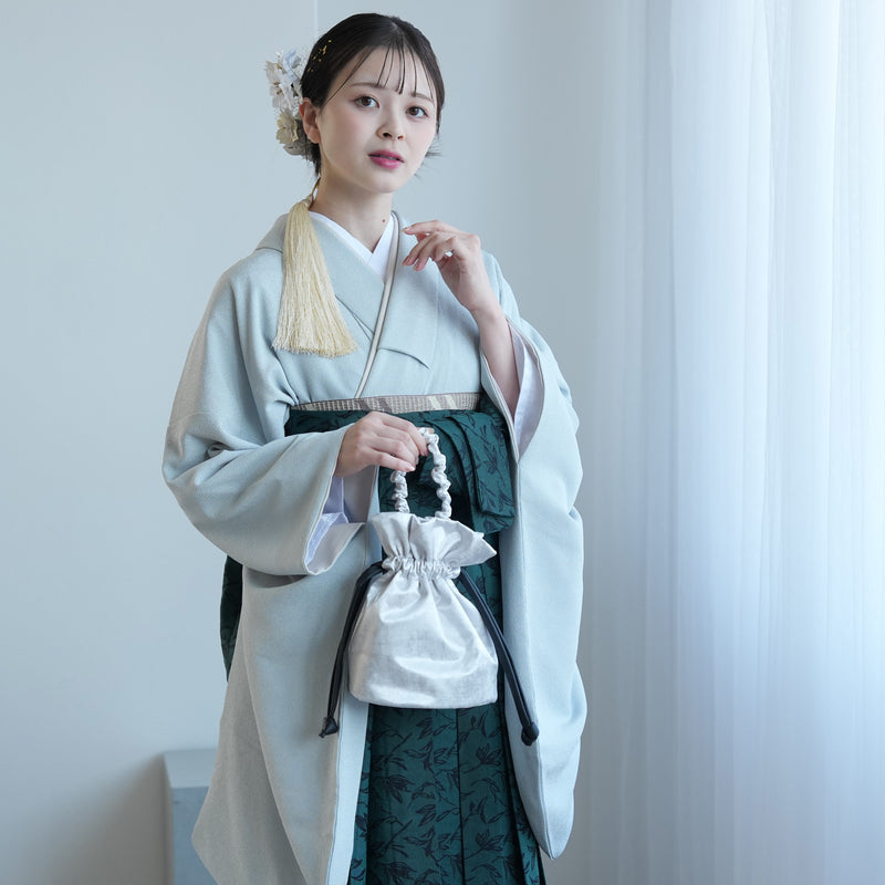 【レンタル】utatane 2尺袖 袴 17点セット 91cm 古典柄 レトロ アンティーク系 無地 水色系（1020716611）