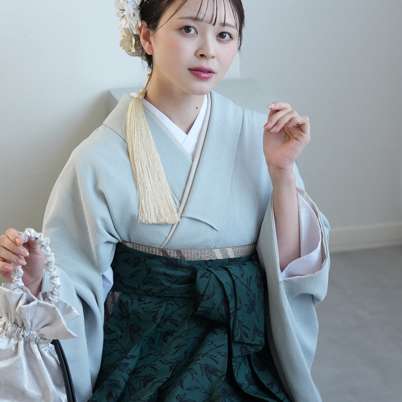 【レンタル】utatane 2尺袖 袴 17点セット 91cm 古典柄 レトロ アンティーク系 無地 水色系（1020716611）