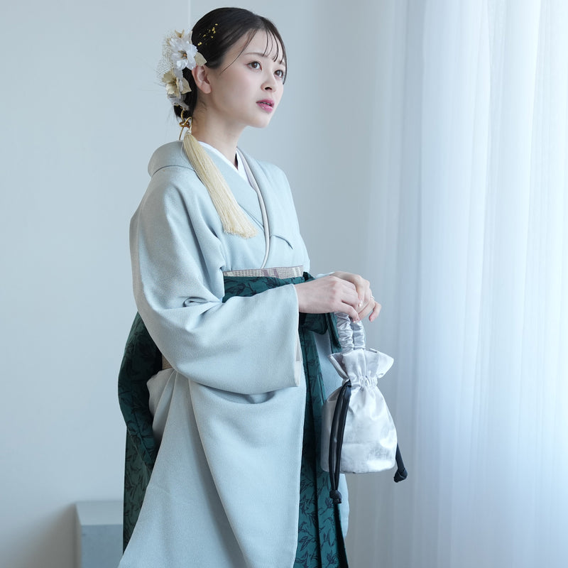 【レンタル】utatane 2尺袖 袴 17点セット 91cm 古典柄 レトロ アンティーク系 無地 水色系（1020716611）