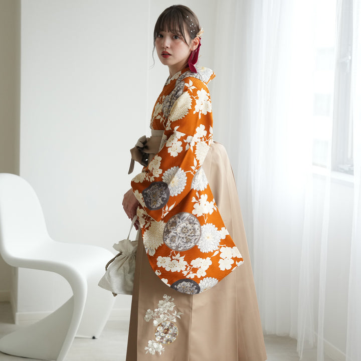 レンタル】 袴 17点セット 二尺袖着物 菊と桜紋・キャメル 九重