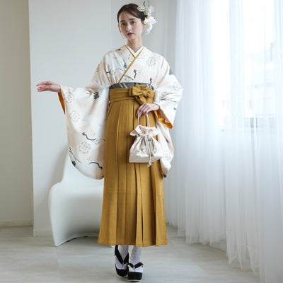 【レンタル】袴 17点セット  二尺袖着物 エクリュベージュ吉祥鶴（袴91cm（身長153-158cm）） 重ね衿縫い付済 ひよこ商店 （1020724911）
