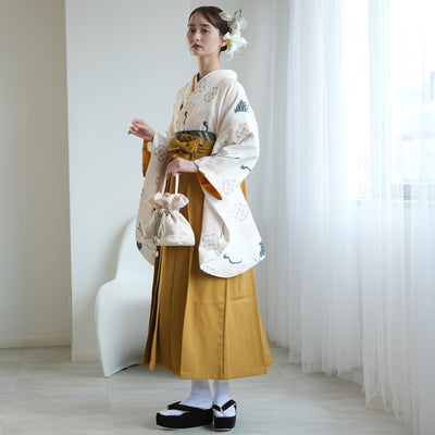 【レンタル】袴 17点セット  二尺袖着物 エクリュベージュ吉祥鶴（袴91cm（身長153-158cm）） 重ね衿縫い付済 ひよこ商店 （1020724911）