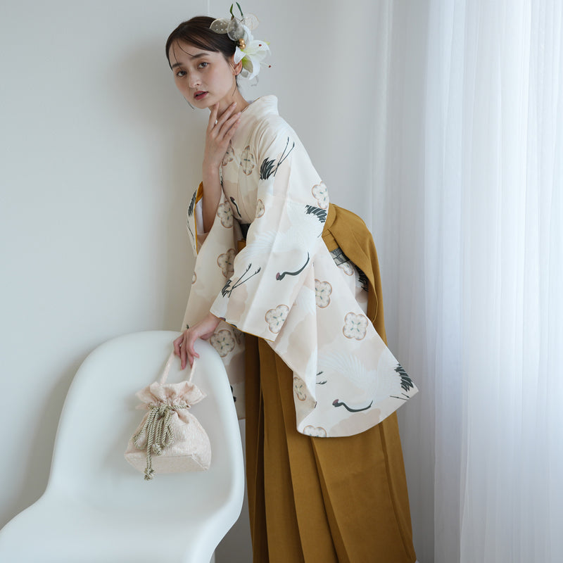 【レンタル】袴 17点セット  二尺袖着物 エクリュベージュ吉祥鶴（袴91cm（身長153-158cm）） 重ね衿縫い付済 ひよこ商店 （1020724911）