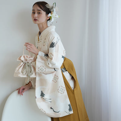 【レンタル】袴 17点セット  二尺袖着物 エクリュベージュ吉祥鶴（袴91cm（身長153-158cm）） 重ね衿縫い付済 ひよこ商店 （1020724911）
