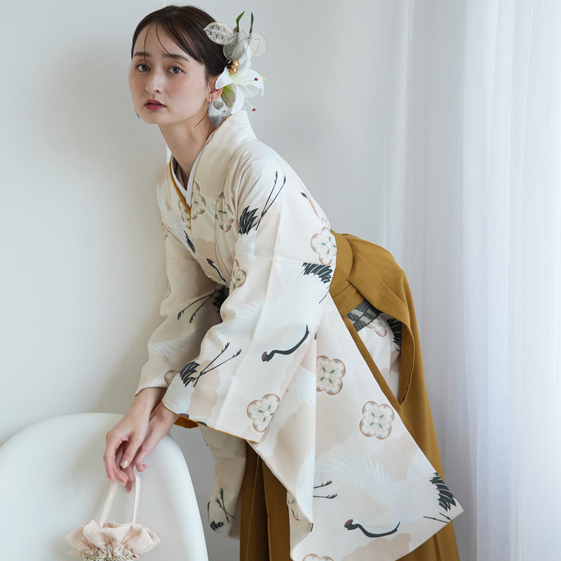 【レンタル】袴 17点セット  二尺袖着物 エクリュベージュ吉祥鶴（袴91cm（身長153-158cm）） 重ね衿縫い付済 ひよこ商店 （1020724911）