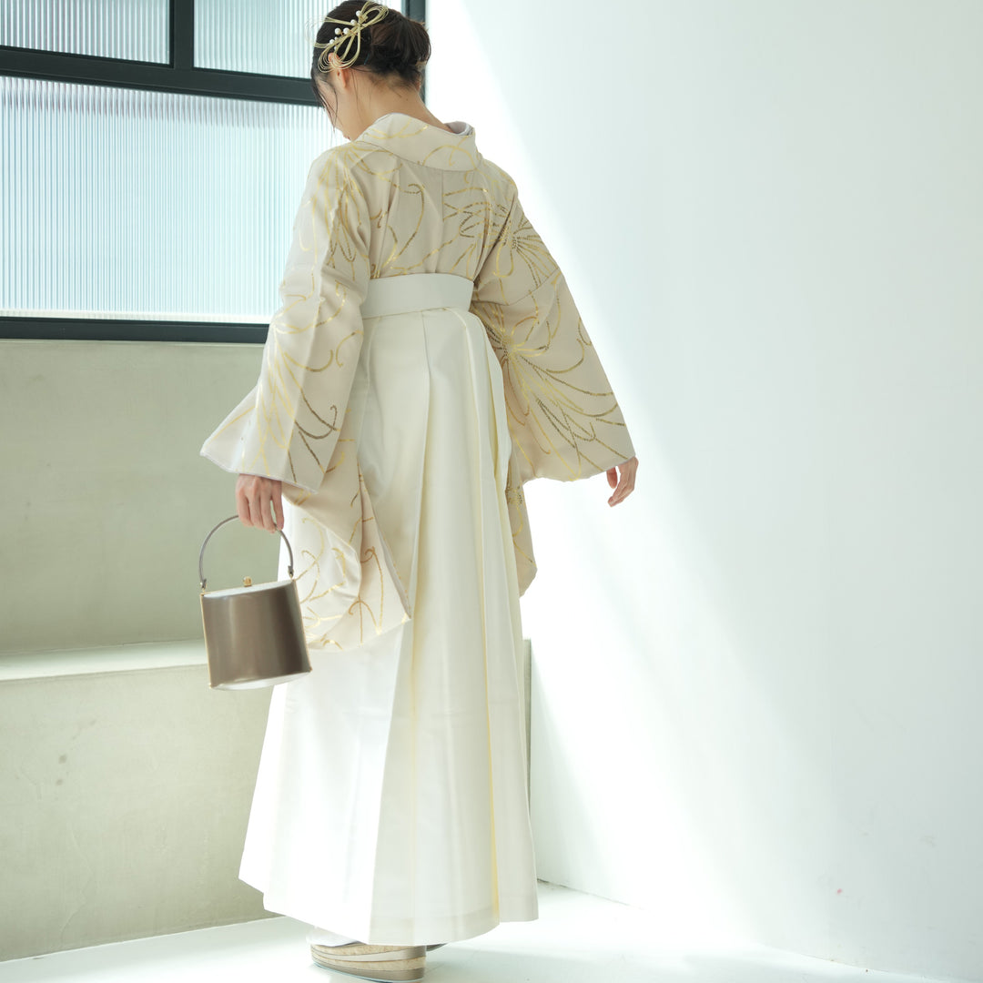 レンタル】袴 17点セット 二尺袖着物 ベージュ金彩・糸菊（袴91cm 