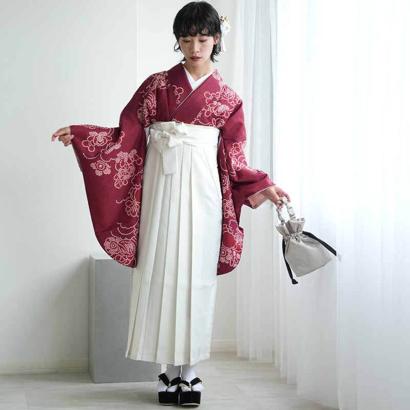 【レンタル】袴 17点セット  二尺袖着物 えんじの絞り柄（袴91cm（身長153-158cm）） 重ね衿縫い付済 ひよこ商店 （1020725611）