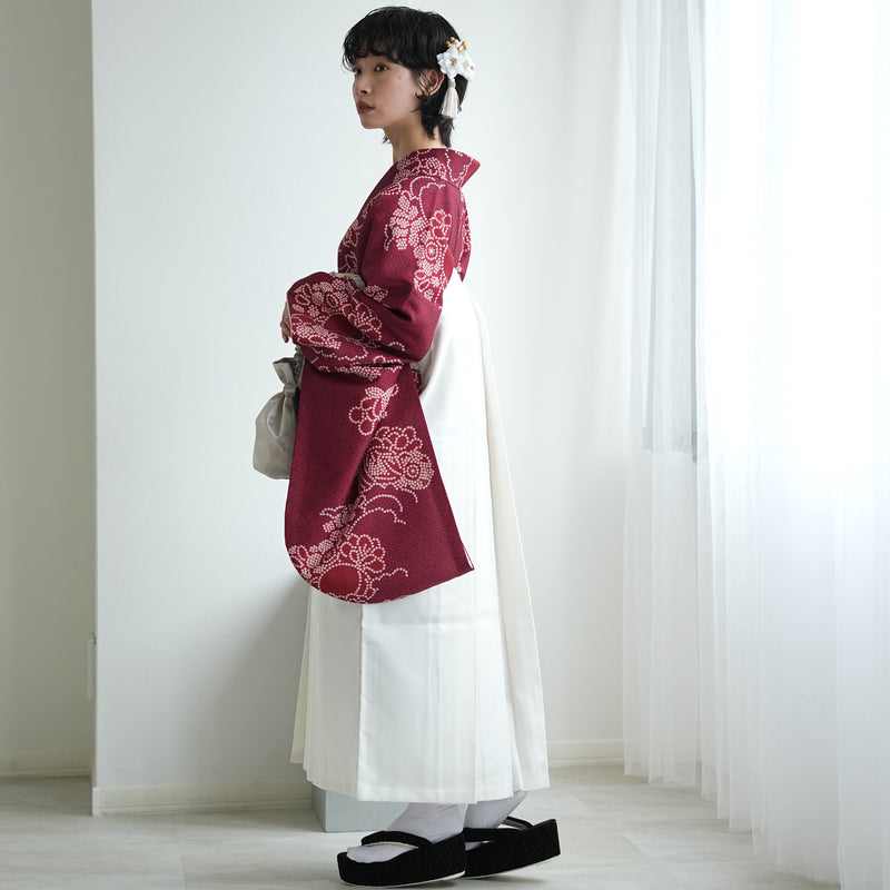 【レンタル】袴 17点セット  二尺袖着物 えんじの絞り柄（袴91cm（身長153-158cm）） 重ね衿縫い付済 ひよこ商店 （1020725611）