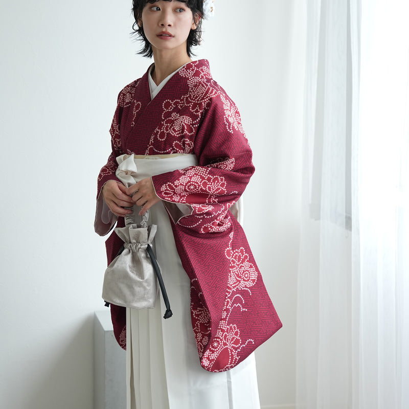 【レンタル】袴 17点セット  二尺袖着物 えんじの絞り柄（袴91cm（身長153-158cm）） 重ね衿縫い付済 ひよこ商店 （1020725611）