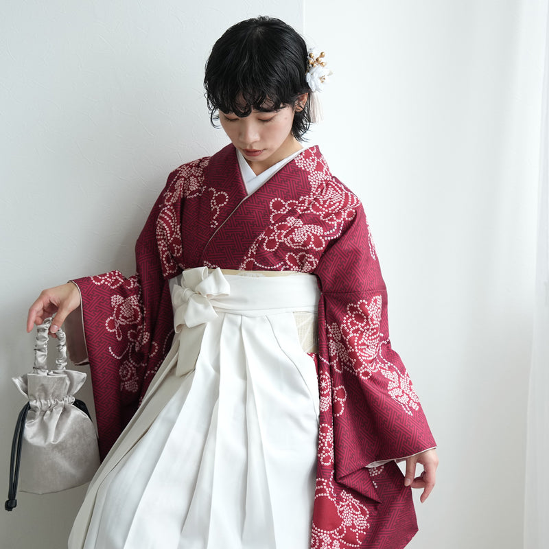【レンタル】袴 17点セット  二尺袖着物 えんじの絞り柄（袴91cm（身長153-158cm）） 重ね衿縫い付済 ひよこ商店 （1020725611）