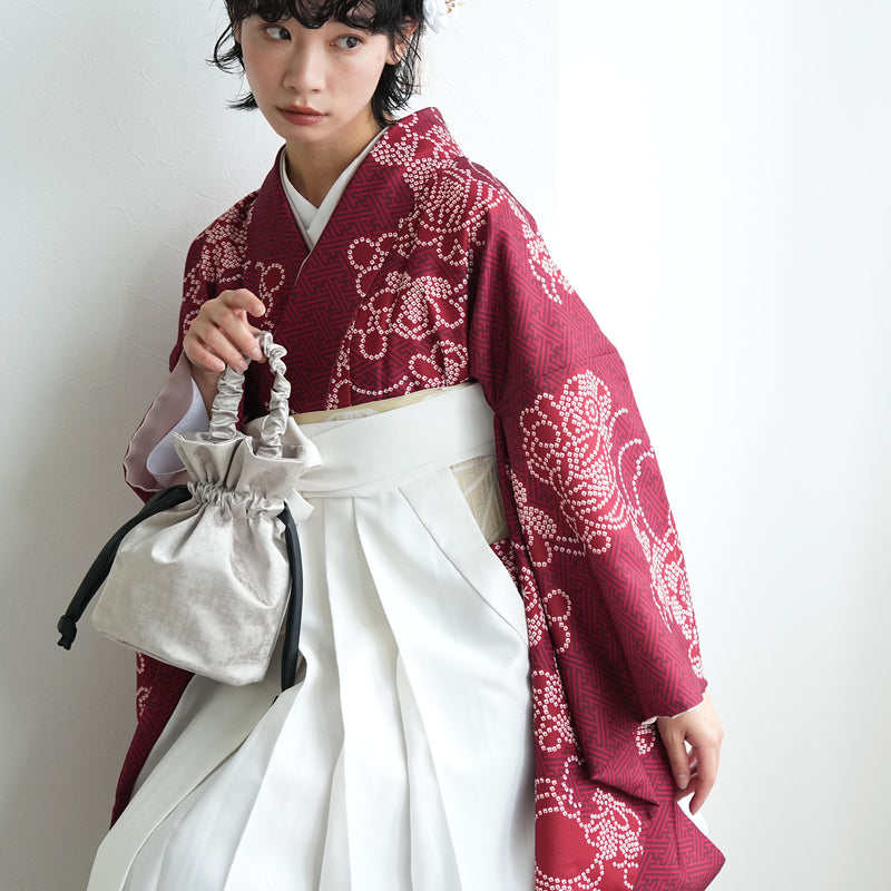 【レンタル】袴 17点セット  二尺袖着物 えんじの絞り柄（袴91cm（身長153-158cm）） 重ね衿縫い付済 ひよこ商店 （1020725611）