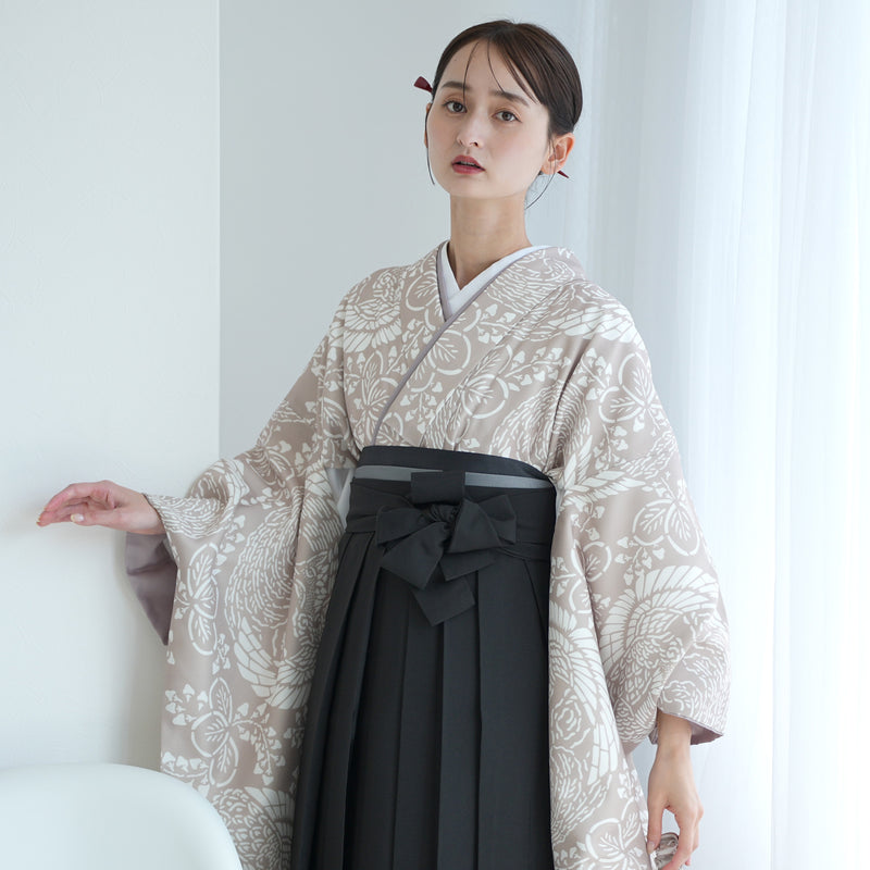 【レンタル】袴 17点セット  二尺袖着物 白茶鳳凰（袴91cm（身長153-158cm）） 重ね衿縫い付済 ひよこ商店 （1020725911）
