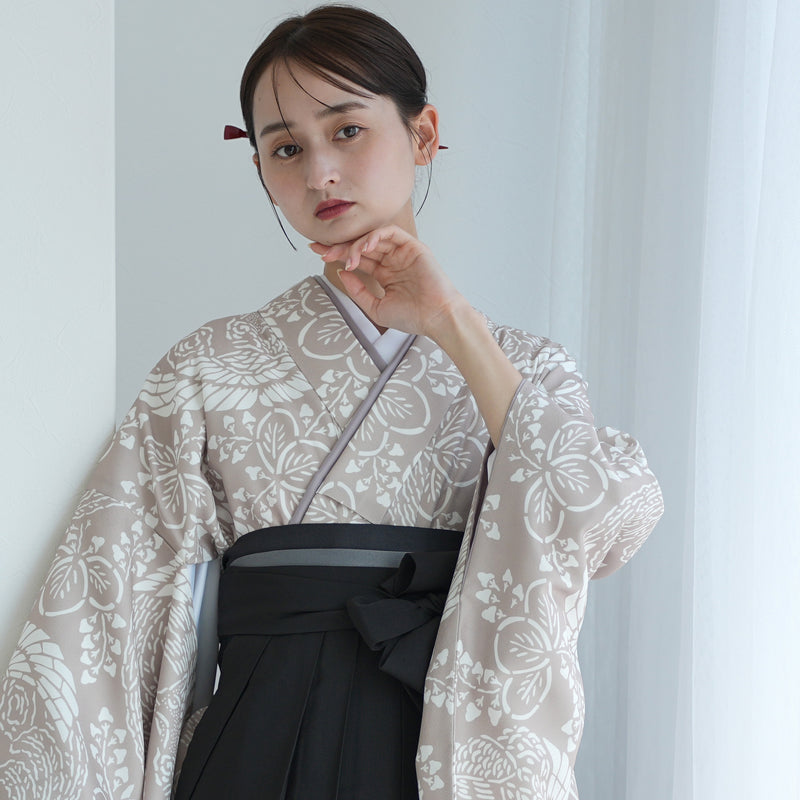 【レンタル】袴 17点セット  二尺袖着物 白茶鳳凰（袴91cm（身長153-158cm）） 重ね衿縫い付済 ひよこ商店 （1020725911）