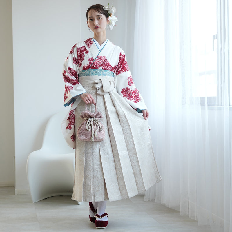 【レンタル】袴 17点セット  二尺袖着物 白百合色に絞り柄（袴91cm（身長153-158cm）） 重ね衿縫い付済 ひよこ商店 （1020726011）