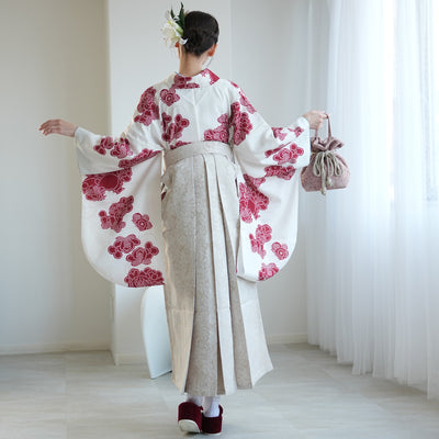 【レンタル】袴 17点セット  二尺袖着物 白百合色に絞り柄（袴91cm（身長153-158cm）） 重ね衿縫い付済 ひよこ商店 （1020726011）