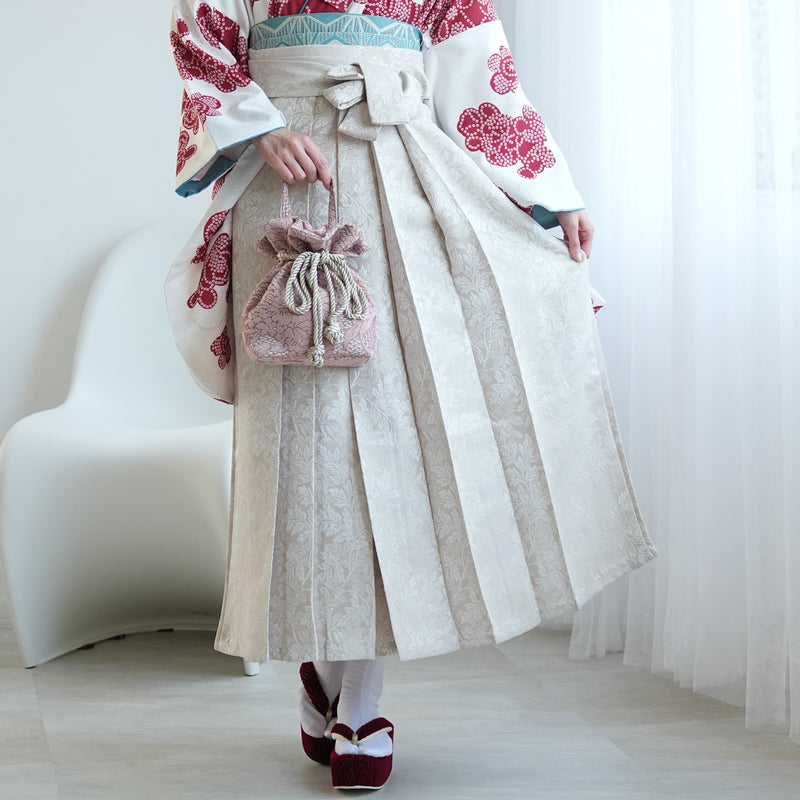 【レンタル】袴 17点セット  二尺袖着物 白百合色に絞り柄（袴91cm（身長153-158cm）） 重ね衿縫い付済 ひよこ商店 （1020726011）