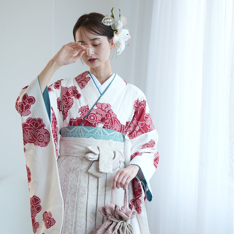 【レンタル】袴 17点セット  二尺袖着物 白百合色に絞り柄（袴91cm（身長153-158cm）） 重ね衿縫い付済 ひよこ商店 （1020726011）