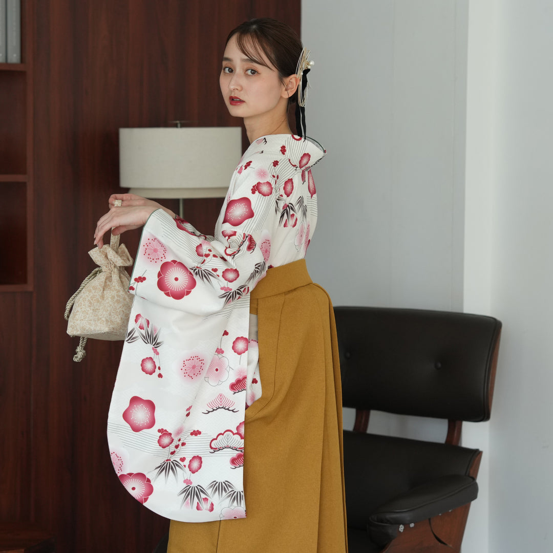 【utatane】ひよこ商店 二尺袖(重ね襟縫い付け済み） レンタル】袴 17点セット 二尺袖着物 えんじの絞り柄（袴91cm