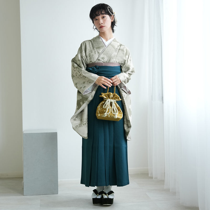 【レンタル】袴 17点セット  二尺袖着物 モスグリーン松文様（袴91cm（身長153-158cm）） 重ね衿縫い付済 ひよこ商店 （1020726211）