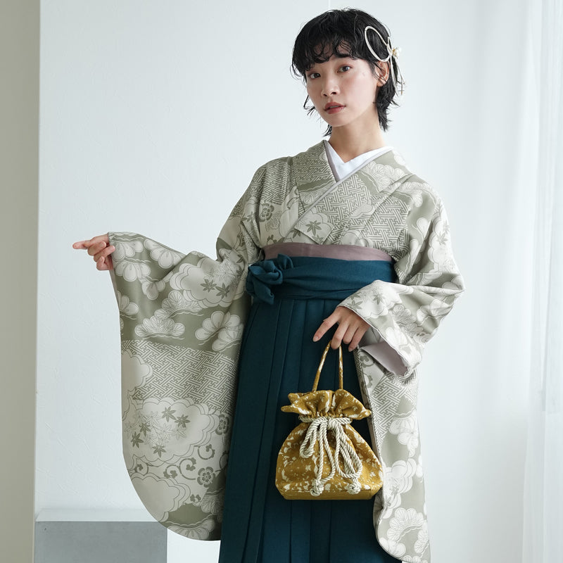 【レンタル】袴 17点セット  二尺袖着物 モスグリーン松文様（袴91cm（身長153-158cm）） 重ね衿縫い付済 ひよこ商店 （1020726211）