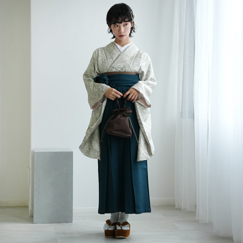 【レンタル】袴 17点セット  二尺袖着物 灰緑鳳凰（袴91cm（身長153-158cm）） 重ね衿縫い付済 ひよこ商店 （1020726311）