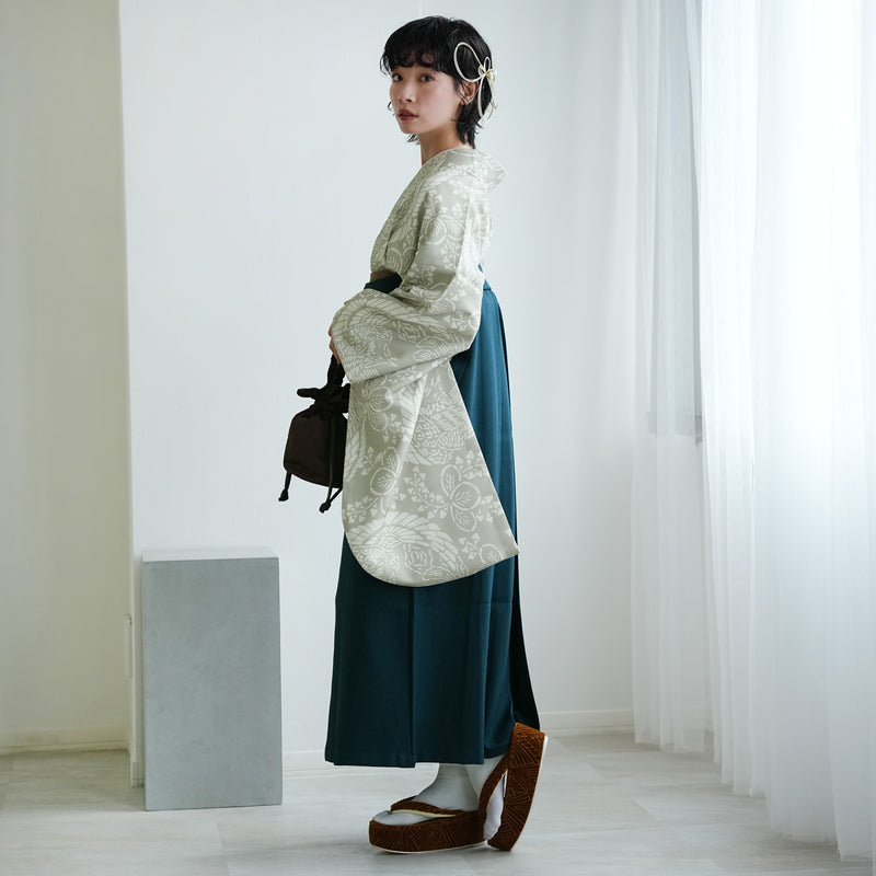 【レンタル】袴 17点セット  二尺袖着物 灰緑鳳凰（袴91cm（身長153-158cm）） 重ね衿縫い付済 ひよこ商店 （1020726311）