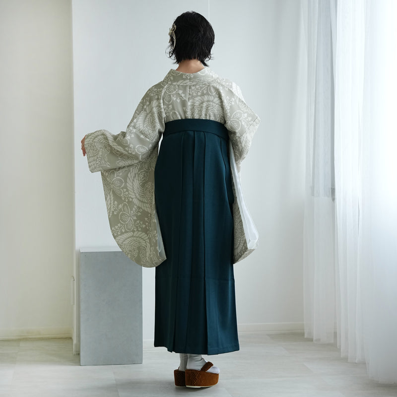 【レンタル】袴 17点セット  二尺袖着物 灰緑鳳凰（袴91cm（身長153-158cm）） 重ね衿縫い付済 ひよこ商店 （1020726311）
