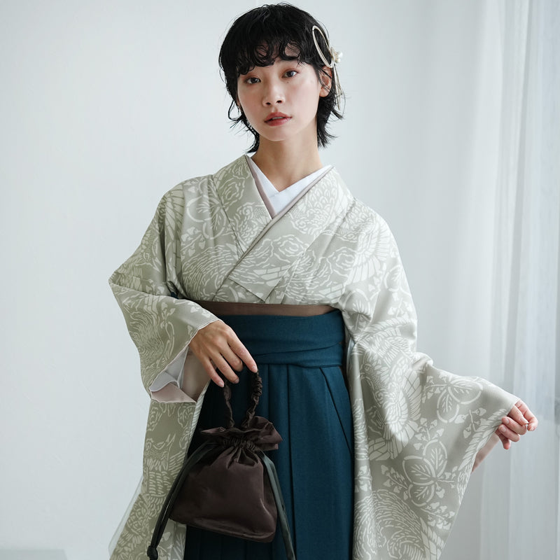 【レンタル】袴 17点セット  二尺袖着物 灰緑鳳凰（袴91cm（身長153-158cm）） 重ね衿縫い付済 ひよこ商店 （1020726311）