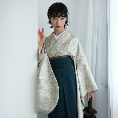 【レンタル】袴 17点セット  二尺袖着物 灰緑鳳凰（袴91cm（身長153-158cm）） 重ね衿縫い付済 ひよこ商店 （1020726311）