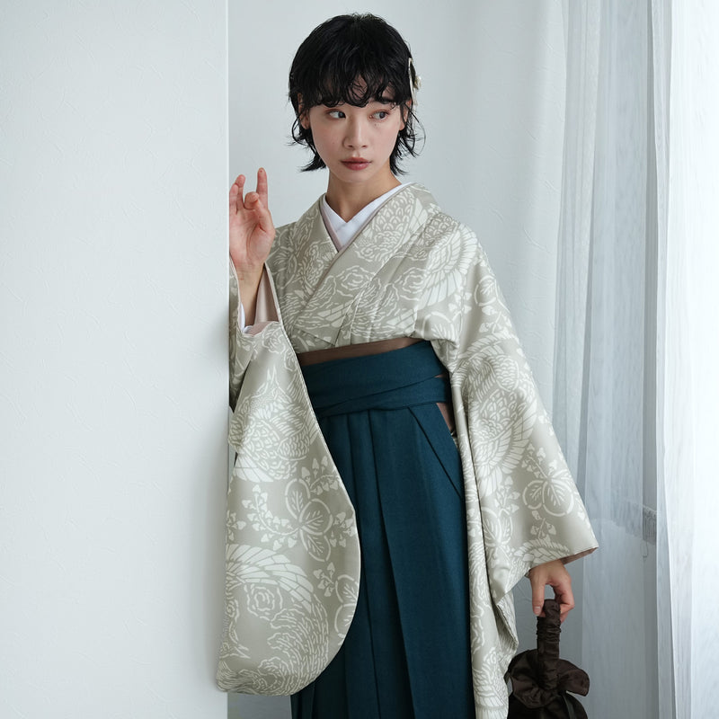 【レンタル】袴 17点セット  二尺袖着物 灰緑鳳凰（袴91cm（身長153-158cm）） 重ね衿縫い付済 ひよこ商店 （1020726311）