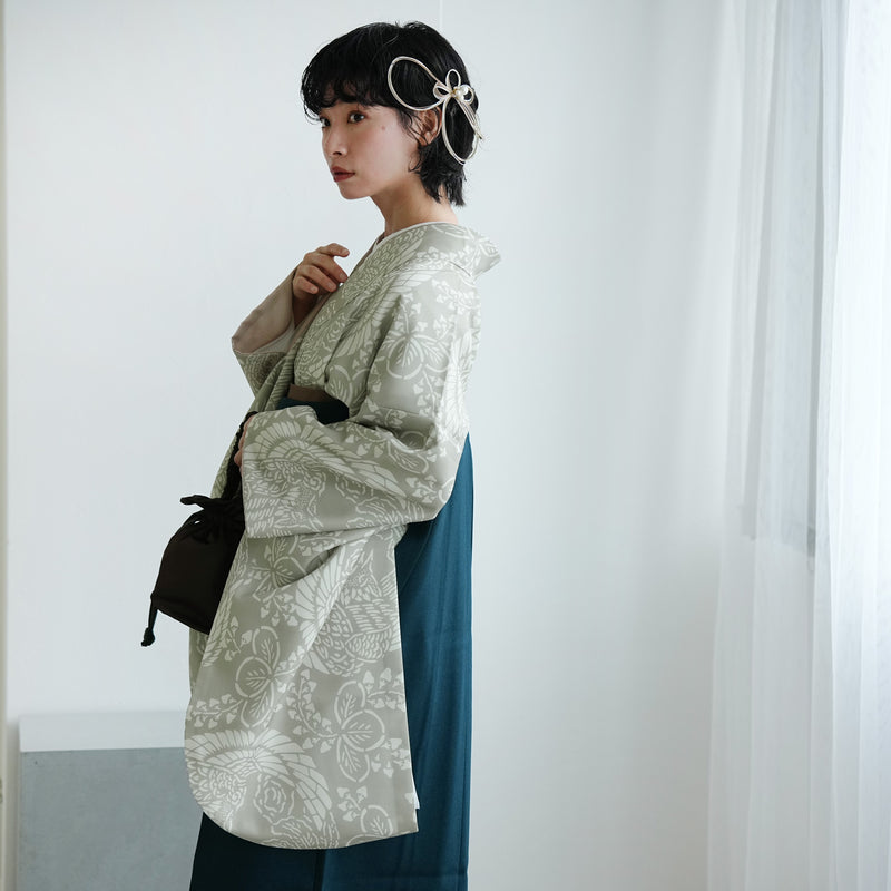 【レンタル】袴 17点セット  二尺袖着物 灰緑鳳凰（袴91cm（身長153-158cm）） 重ね衿縫い付済 ひよこ商店 （1020726311）