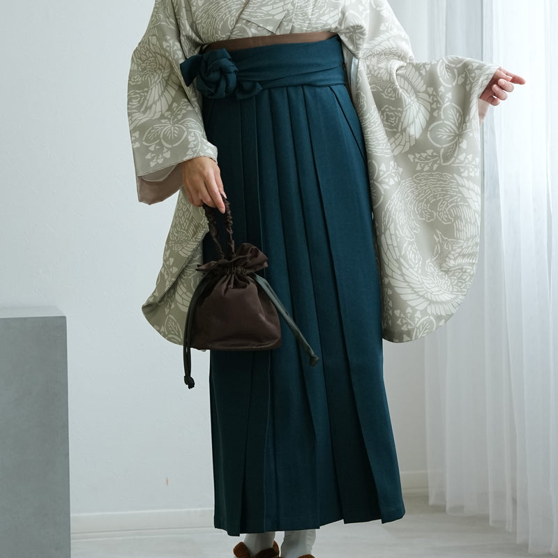 【レンタル】袴 17点セット  二尺袖着物 灰緑鳳凰（袴91cm（身長153-158cm）） 重ね衿縫い付済 ひよこ商店 （1020726311）