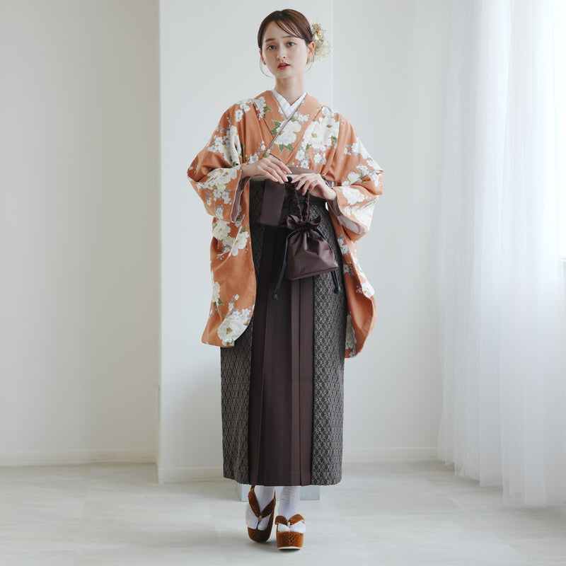 【レンタル】 袴 17点セット Hether 二尺袖着物 アプリコットに可憐な牡丹 重ね衿縫い付済  卒業式 大学生 専門学生（1020726401）