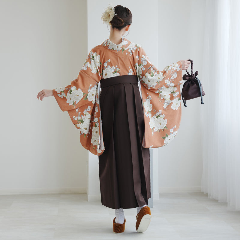 【レンタル】 袴 17点セット Hether 二尺袖着物 アプリコットに可憐な牡丹 重ね衿縫い付済  卒業式 大学生 専門学生（1020726401）
