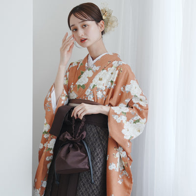 【レンタル】 袴 17点セット Hether 二尺袖着物 アプリコットに可憐な牡丹 重ね衿縫い付済  卒業式 大学生 専門学生（1020726401）