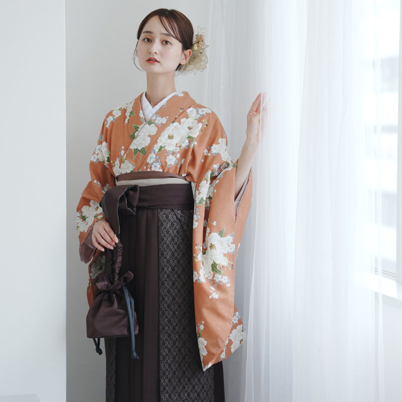 【レンタル】 袴 17点セット Hether 二尺袖着物 アプリコットに可憐な牡丹 重ね衿縫い付済  卒業式 大学生 専門学生（1020726401）