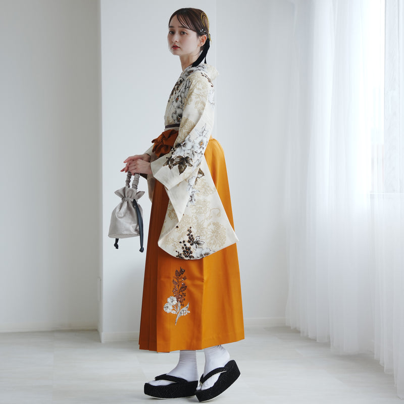 【レンタル】 袴 17点セット JILLSTUART 二尺袖着物 ベージュに咲くパンジー  重ね衿縫い付済  卒業式 大学生 専門学生（1020727001）