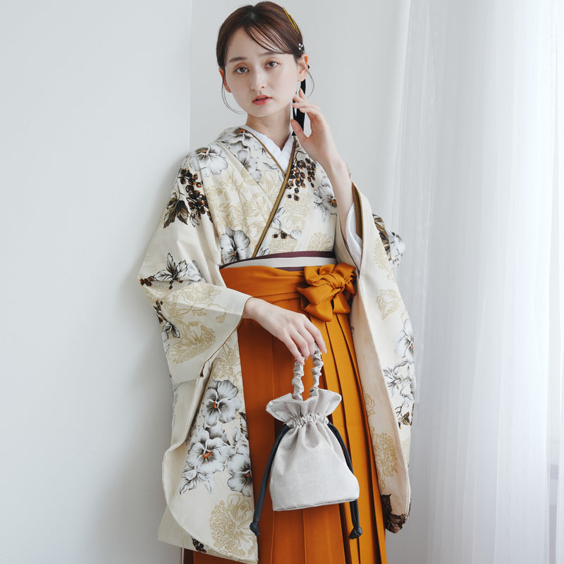 【レンタル】 袴 17点セット JILLSTUART 二尺袖着物 ベージュに咲くパンジー  重ね衿縫い付済  卒業式 大学生 専門学生（1020727001）
