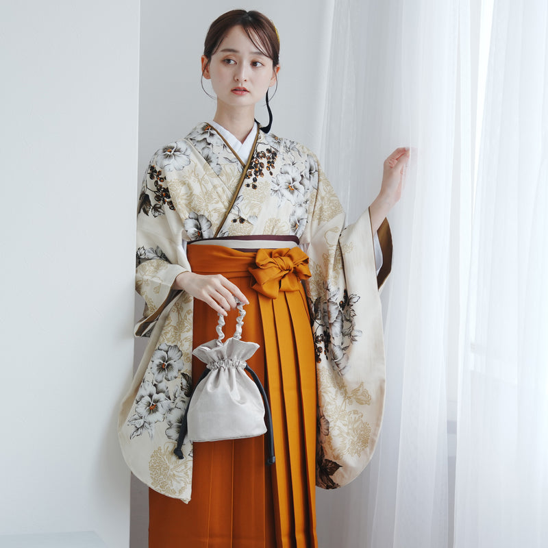 【レンタル】 袴 17点セット JILLSTUART 二尺袖着物 ベージュに咲くパンジー  重ね衿縫い付済  卒業式 大学生 専門学生（1020727001）
