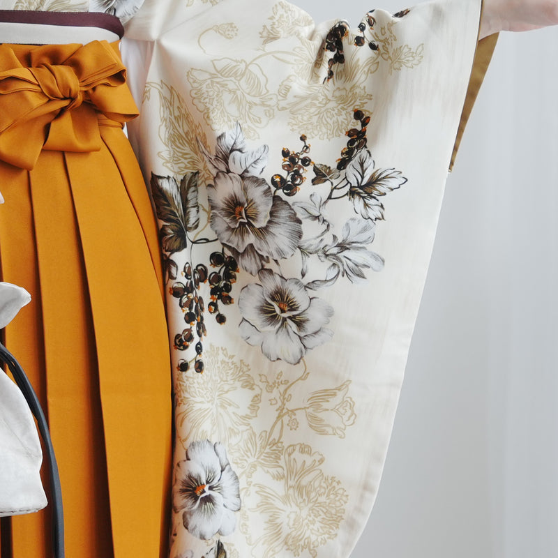 【レンタル】 袴 17点セット JILLSTUART 二尺袖着物 ベージュに咲くパンジー  重ね衿縫い付済  卒業式 大学生 専門学生（1020727001）