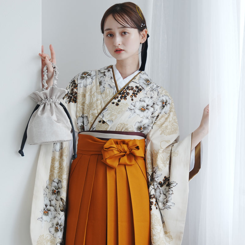 【レンタル】 袴 17点セット JILLSTUART 二尺袖着物 ベージュに咲くパンジー  重ね衿縫い付済  卒業式 大学生 専門学生（1020727001）