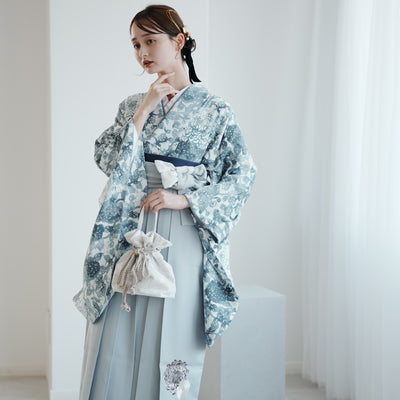 【レンタル】 袴 17点セット 玉城ティナ×紅一点 二尺袖着物 ブルーグレーの菊尽くし  重ね衿縫い付済  卒業式 大学生 専門学生（1020727201）