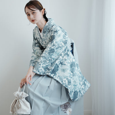 【レンタル】 袴 17点セット 玉城ティナ×紅一点 二尺袖着物 ブルーグレーの菊尽くし  重ね衿縫い付済  卒業式 大学生 専門学生（1020727201）