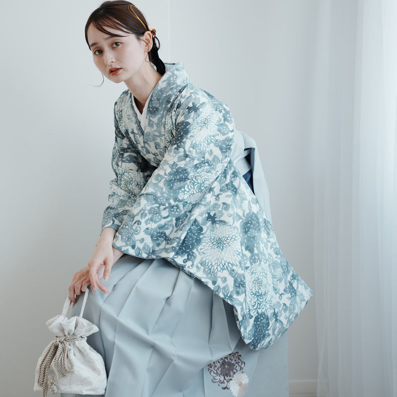 【レンタル】 袴 17点セット 玉城ティナ×紅一点 二尺袖着物 ブルーグレーの菊尽くし  重ね衿縫い付済  卒業式 大学生 専門学生（1020727201）