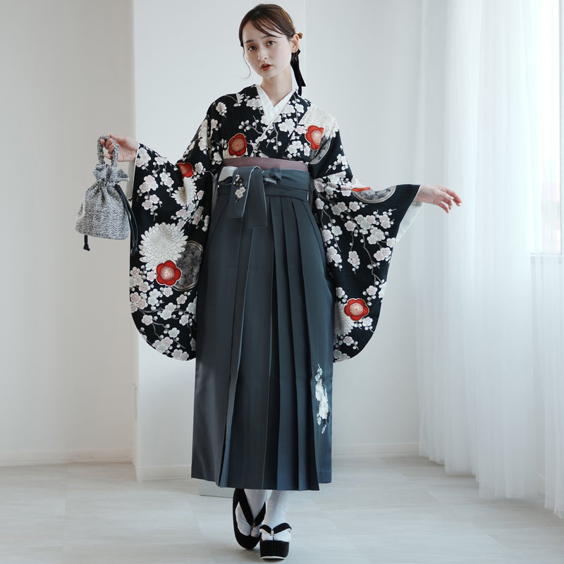 【レンタル】 袴 17点セット 九重 二尺袖着物 梅に菊・黒   重ね衿縫い付済  卒業式 大学生 専門学生（1020727401）