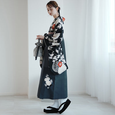 【レンタル】 袴 17点セット 九重 二尺袖着物 梅に菊・黒   重ね衿縫い付済  卒業式 大学生 専門学生（1020727401）