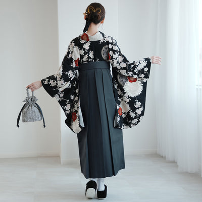 【レンタル】 袴 17点セット 九重 二尺袖着物 梅に菊・黒   重ね衿縫い付済  卒業式 大学生 専門学生（1020727401）